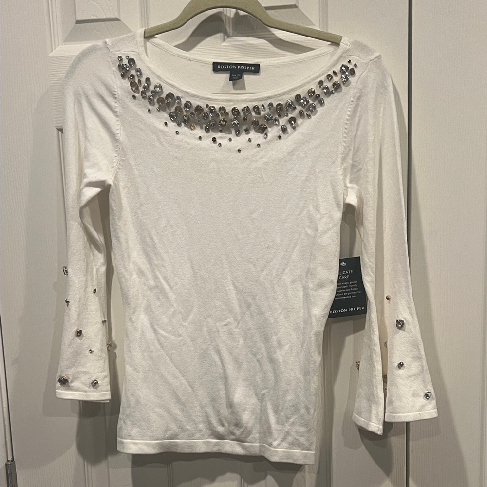 NWT-Boston Proper White Top with Silver and gold jeweled Accents